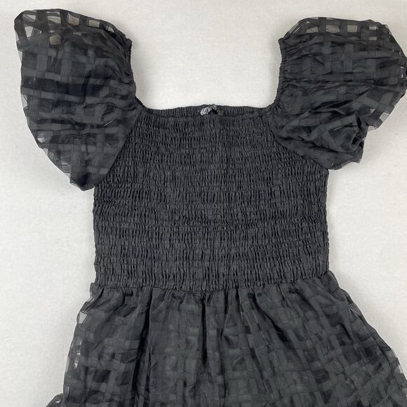 NWTPretty Garden Puff Sleeve Smocked Tiered Dress Sheer Midi Black Cottagecore-L - Picture 5 of 13